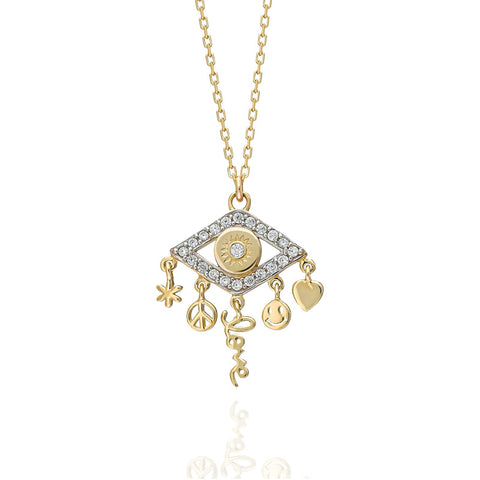 14K Protector Eye Charm Necklace — Pavé with Dangles