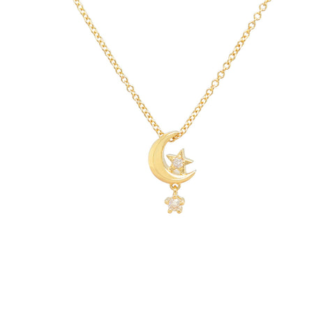 14k Diamond Moon and Little Stars Necklace